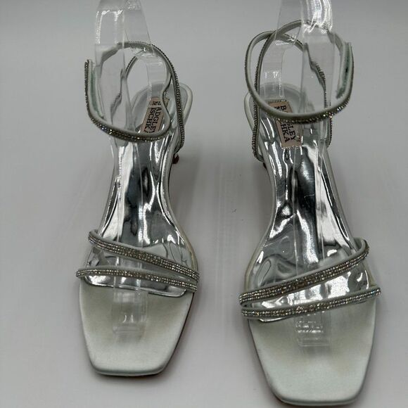 Badgley Mischka Silver Satin Rhinestone Bridal Strappy Wedding Kitten Heels Sz 9 - Picture 1 of 7